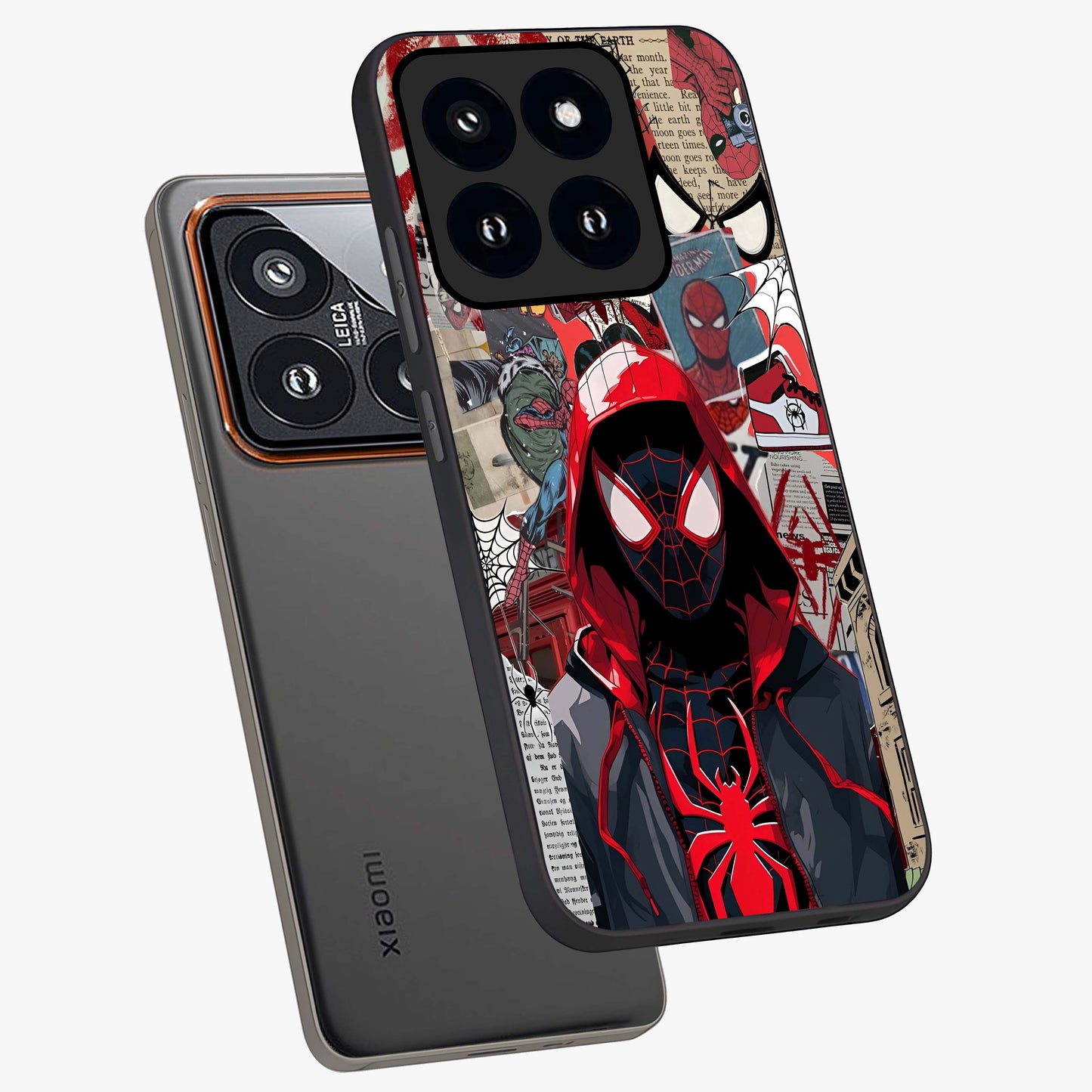 Spider Collage Street Glass Case displayed in angled mockup highlighting dynamic street style collage design with comic aesthetic.