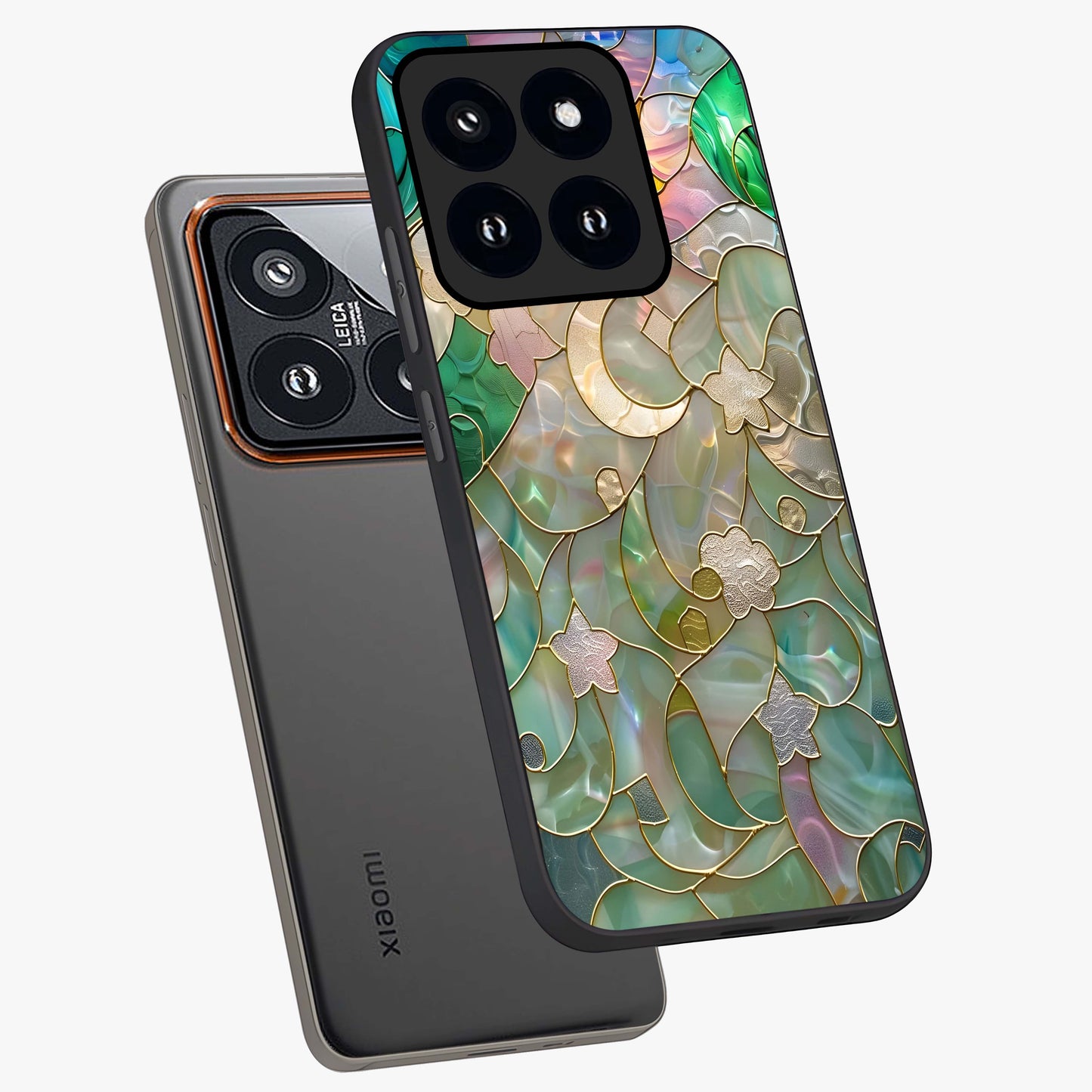 Stained Sunrise Glow Glass Case displayed in angled mockup highlighting radiant sunrise design with artistic aesthetic style.