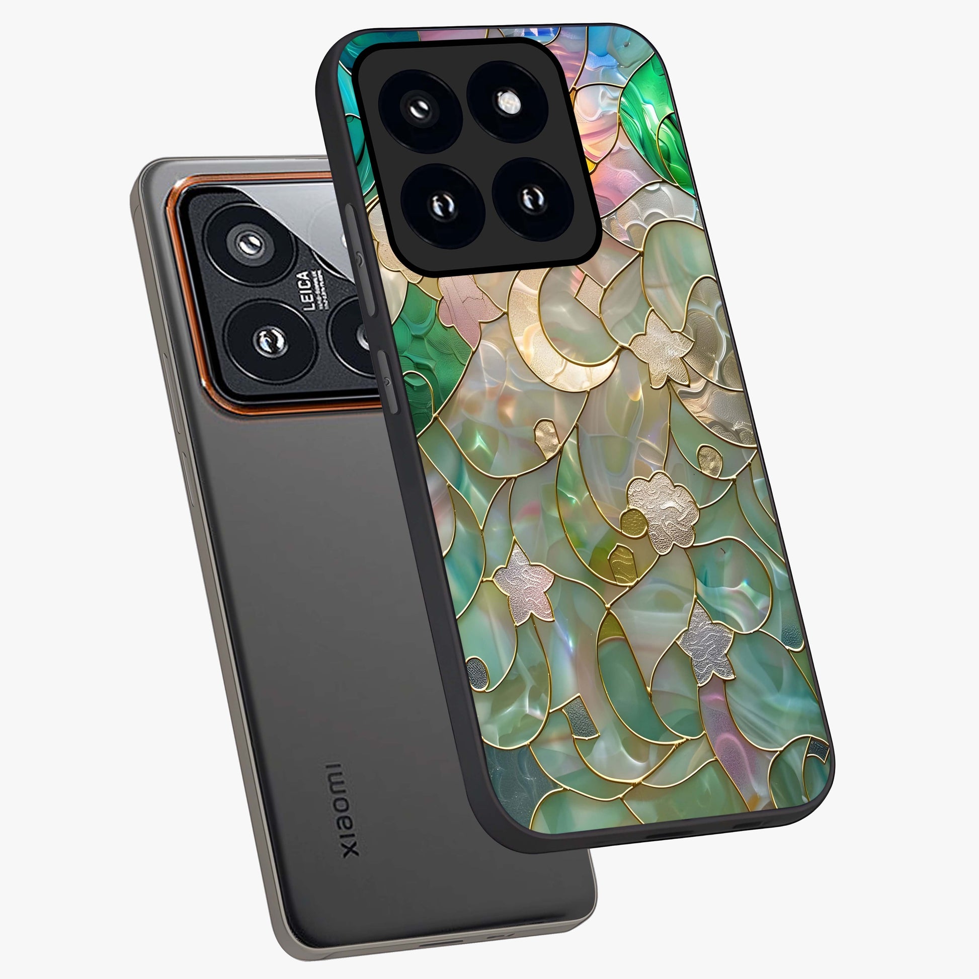 Stained Sunrise Glow Glass Case displayed in angled mockup highlighting radiant sunrise design with artistic aesthetic style.