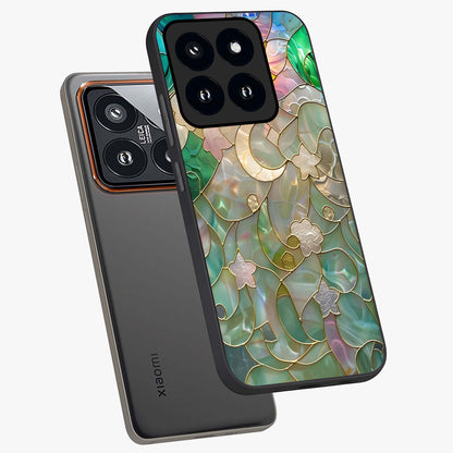 Stained Sunrise Glow Glass Case displayed in angled mockup highlighting radiant sunrise design with artistic aesthetic style.