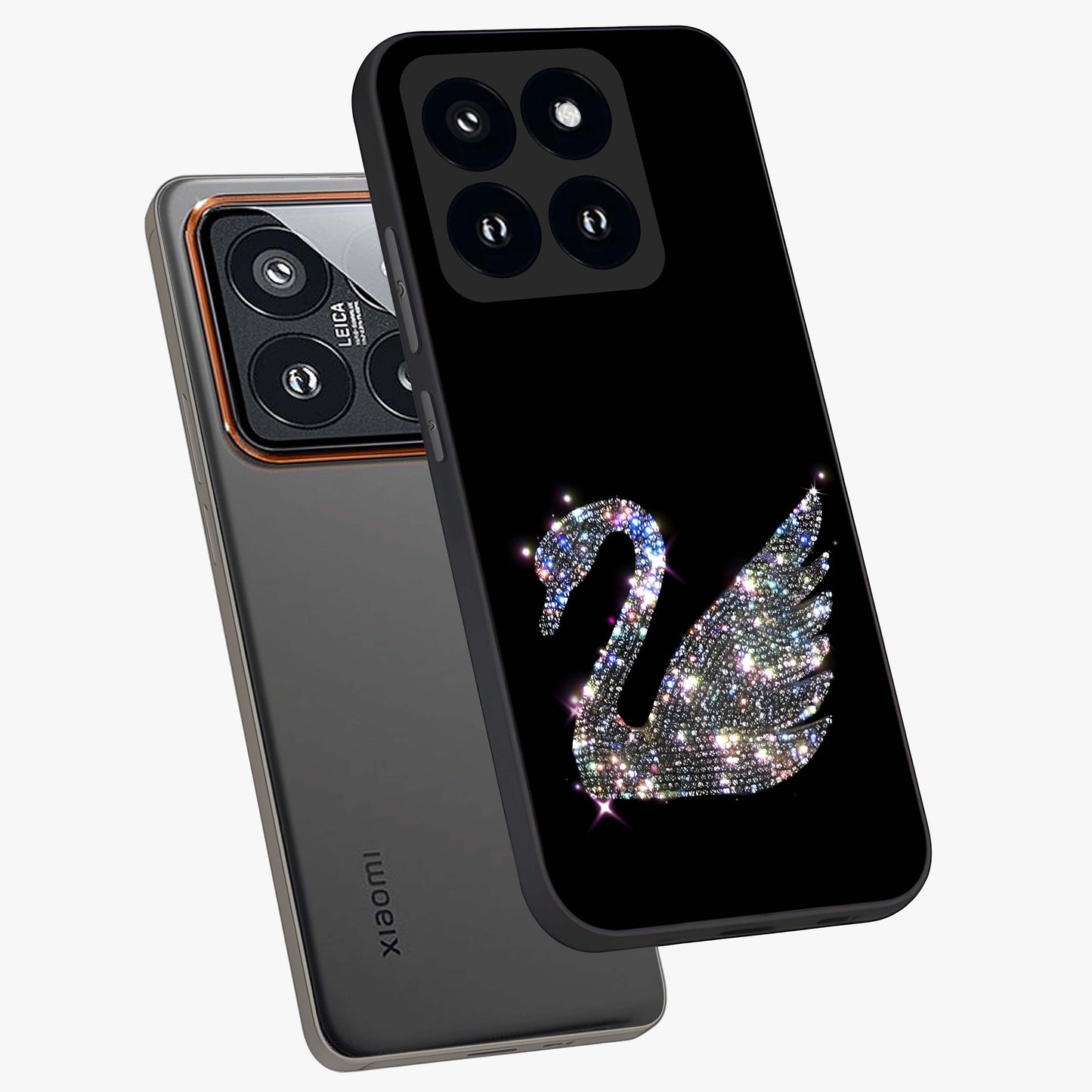 Starlit Swan Grace Glass Case displayed in angled mockup highlighting elegant swan illustration with dreamy celestial aesthetic.