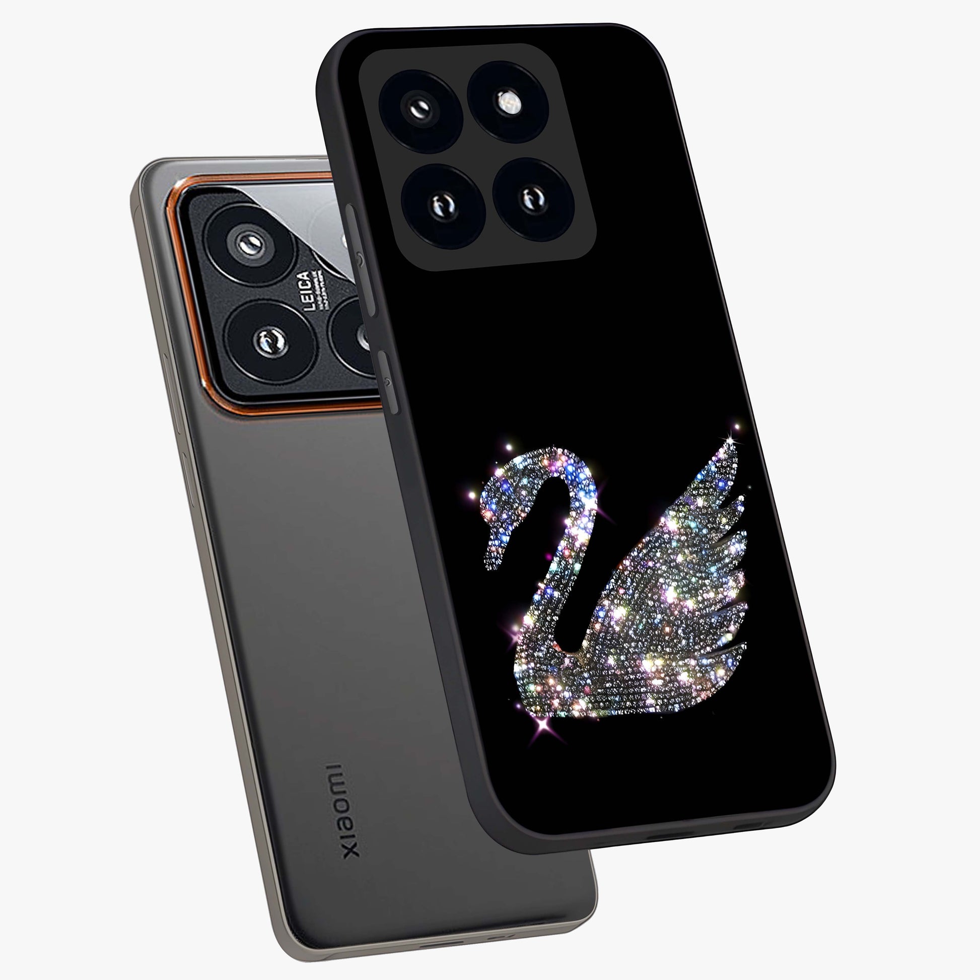 Starlit Swan Grace Glass Case displayed in angled mockup highlighting elegant swan illustration with dreamy celestial aesthetic.