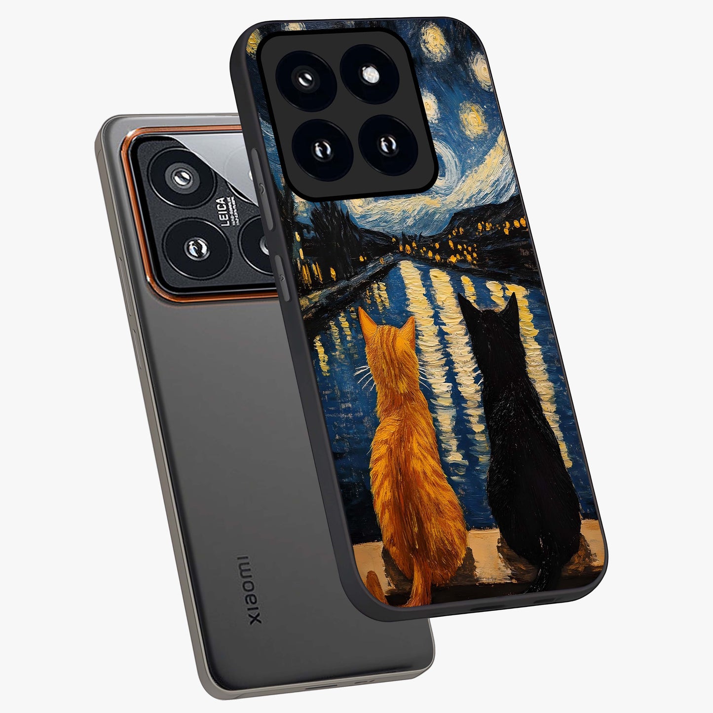 Starry River Cats Glass Case displayed in angled mockup highlighting charming feline illustration with dreamy night aesthetic.