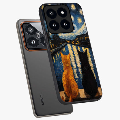 Starry River Cats Glass Case displayed in angled mockup highlighting charming feline illustration with dreamy night aesthetic.