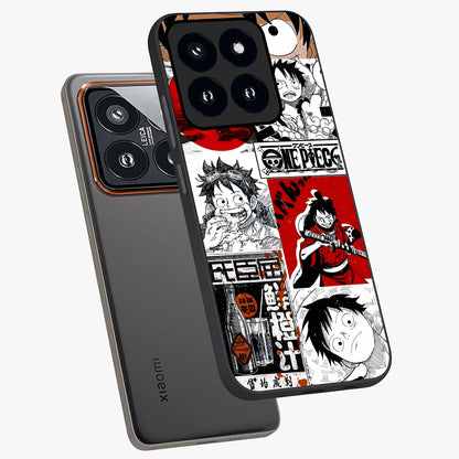 Strawhat Chaos Panels Glass Case displayed in angled mockup highlighting vibrant anime collage design with action aesthetic.