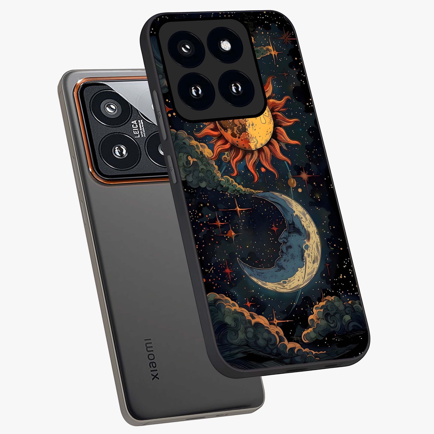 Sun And Moon Magic Design Glass Case displayed in angled mockup highlighting celestial design with magical cosmic aesthetic.