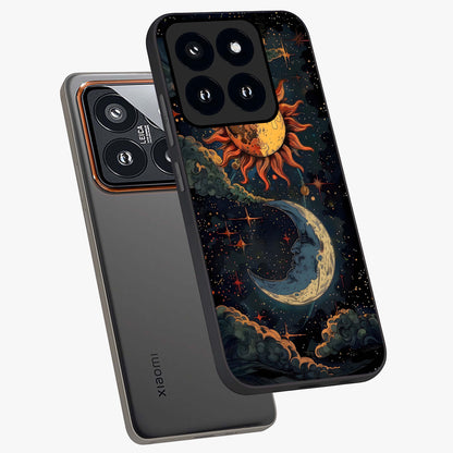 Sun And Moon Magic Design Glass Case displayed in angled mockup highlighting celestial design with magical cosmic aesthetic.
