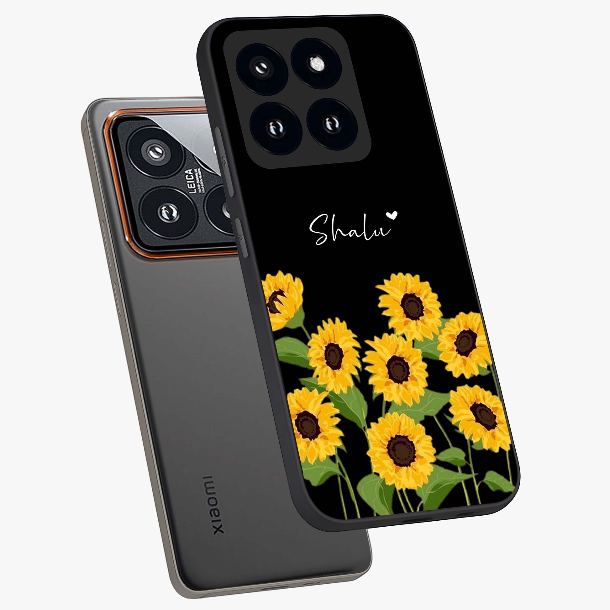 Sunflower Chic Mood Custom Name Glass Case displayed in angled mockup highlighting vibrant sunflower design with custom name feature.