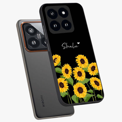 Sunflower Chic Mood Custom Name Glass Case displayed in angled mockup highlighting vibrant sunflower design with custom name feature.