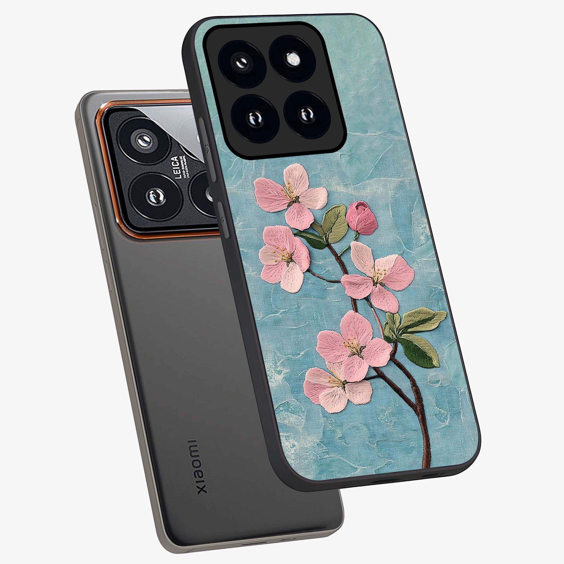 Threaded Blossom Breeze Glass Case displayed in angled mockup highlighting elegant floral design with soft aesthetic style.