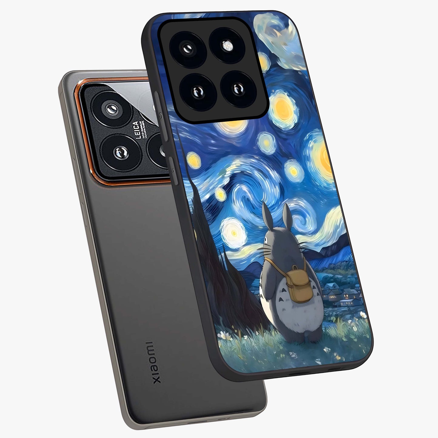 Totoro In Van Gogh Art Glass Case displayed in angled mockup highlighting artistic swirling sky design with playful animation aesthetic.