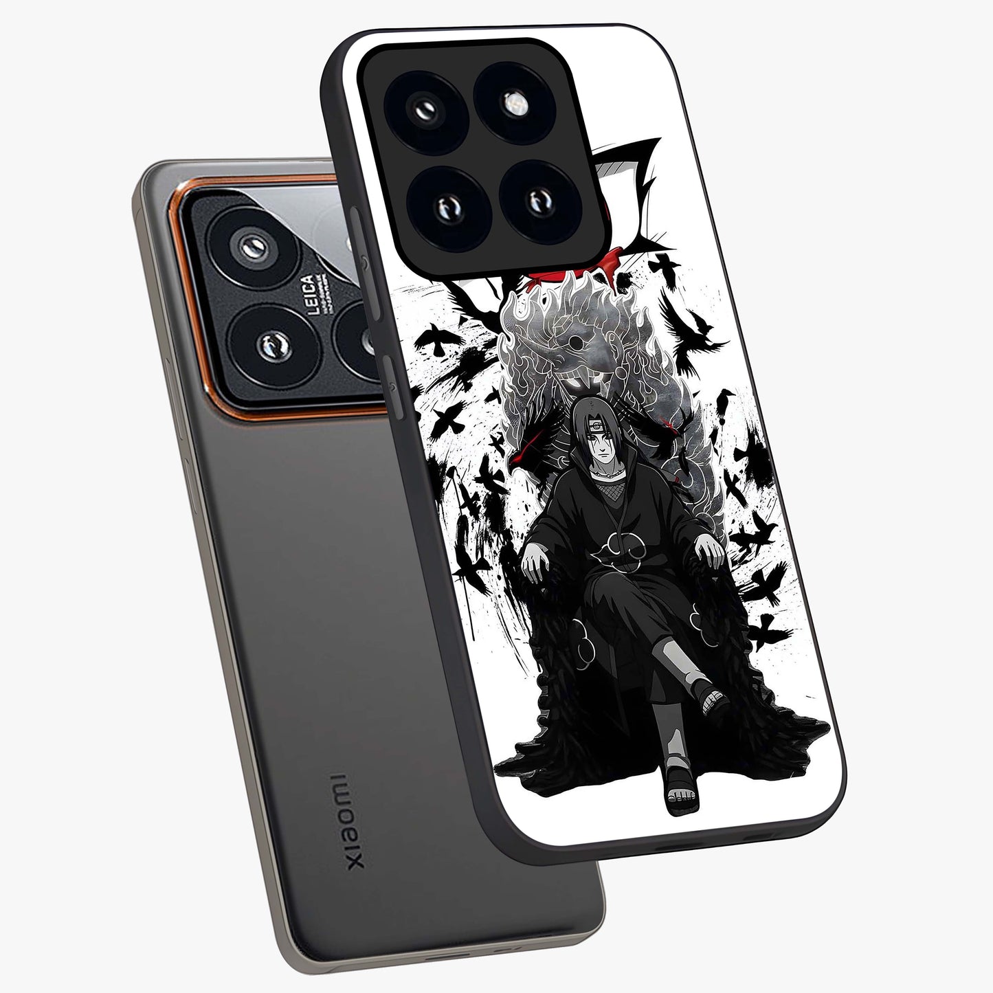 Uchiha Shadow Throne Glass Case displayed in angled mockup highlighting glowing aquatic design with celestial aesthetic.