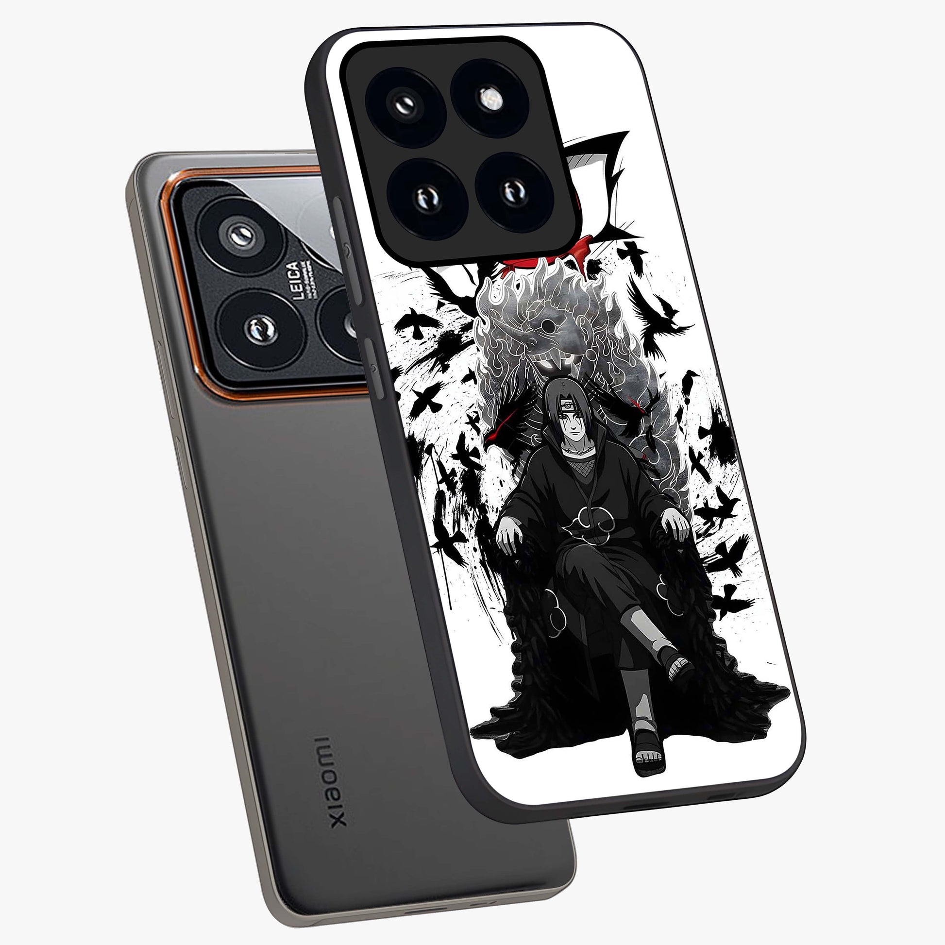 Uchiha Shadow Throne Glass Case displayed in angled mockup highlighting glowing aquatic design with celestial aesthetic.