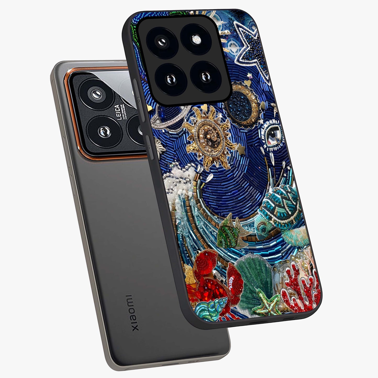 Universe Underwater Spark Glass Case displayed in angled mockup highlighting glowing aquatic design with celestial aesthetic.