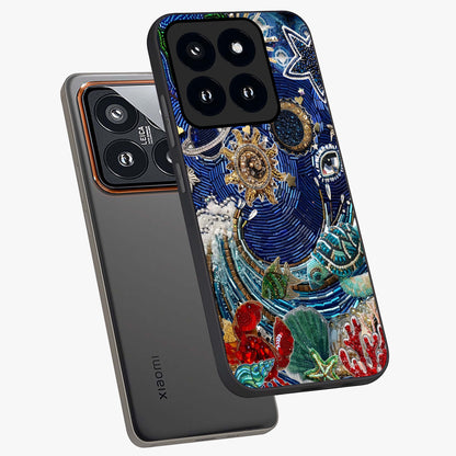Universe Underwater Spark Glass Case displayed in angled mockup highlighting glowing aquatic design with celestial aesthetic.