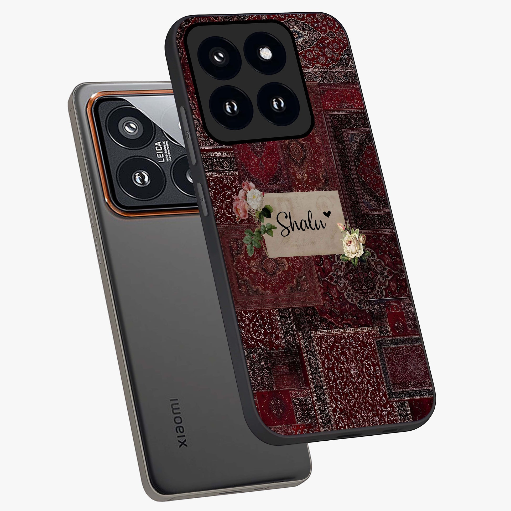 Velvet Wine Pattern Custom Name Glass Case displayed in angled mockup highlighting decorative velvet inspired design with custom name feature.