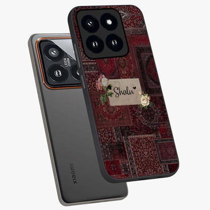 Velvet Wine Pattern Custom Name Glass Case displayed in angled mockup highlighting decorative velvet inspired design with custom name feature.