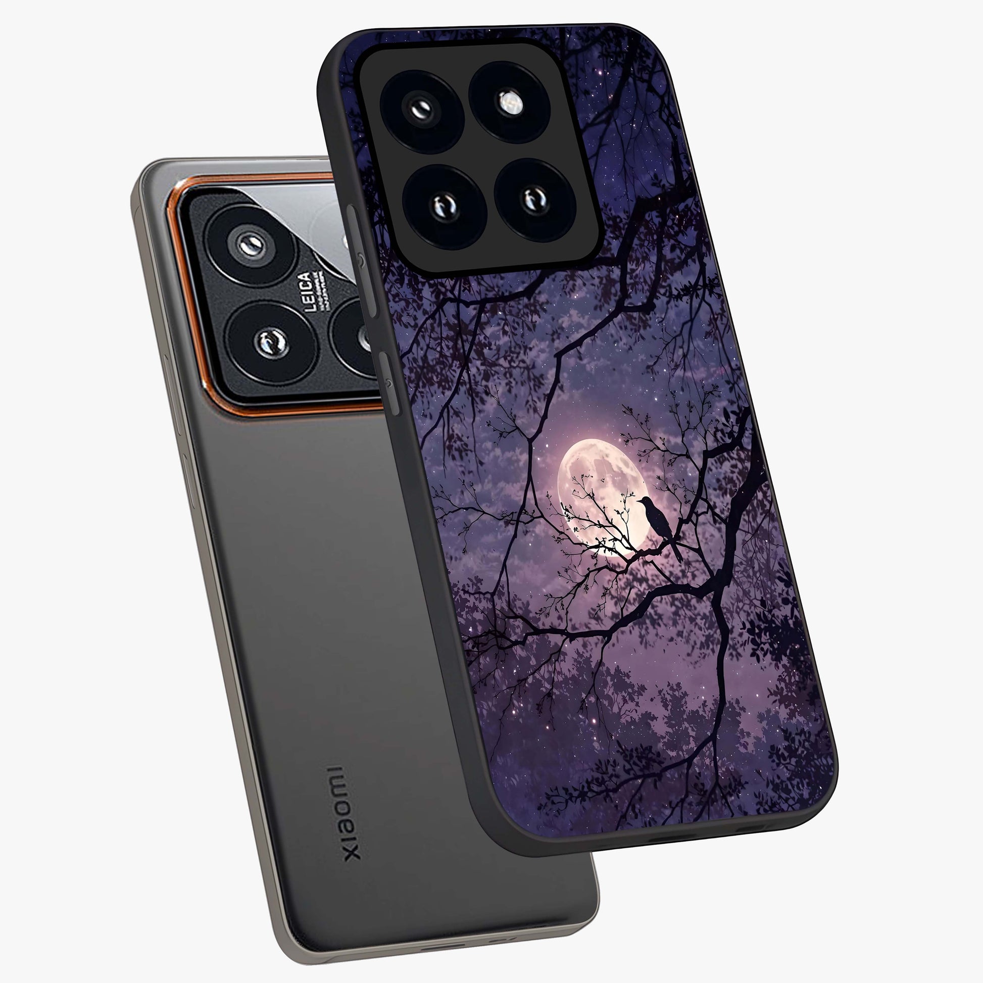 Whispering Moon Silence Glass Case displayed in angled mockup highlighting calm lunar design with dreamy night aesthetic.
