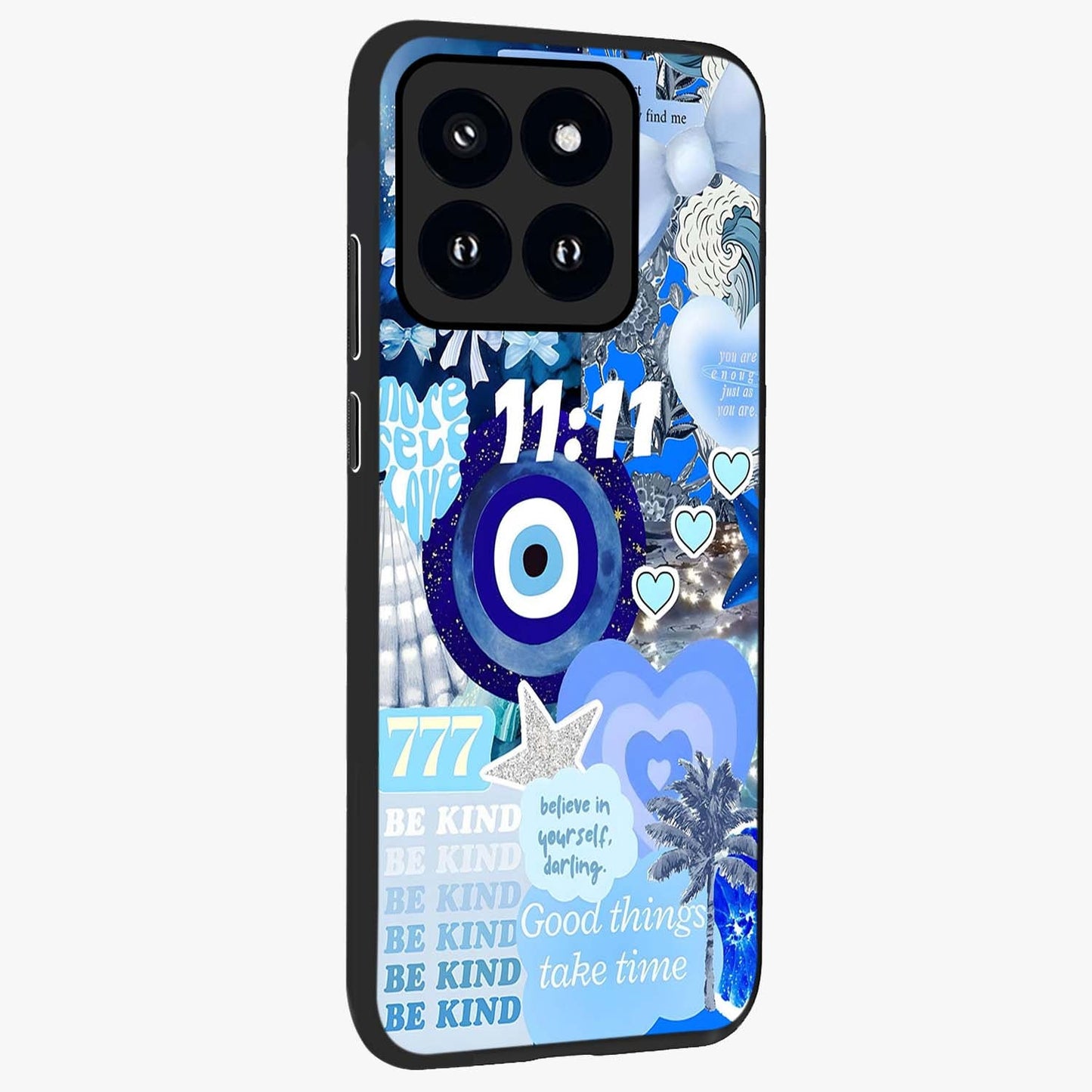 Aesthetic Be Kind Eye Glass Case upright view showcasing stylish eye illustration with positive message theme.