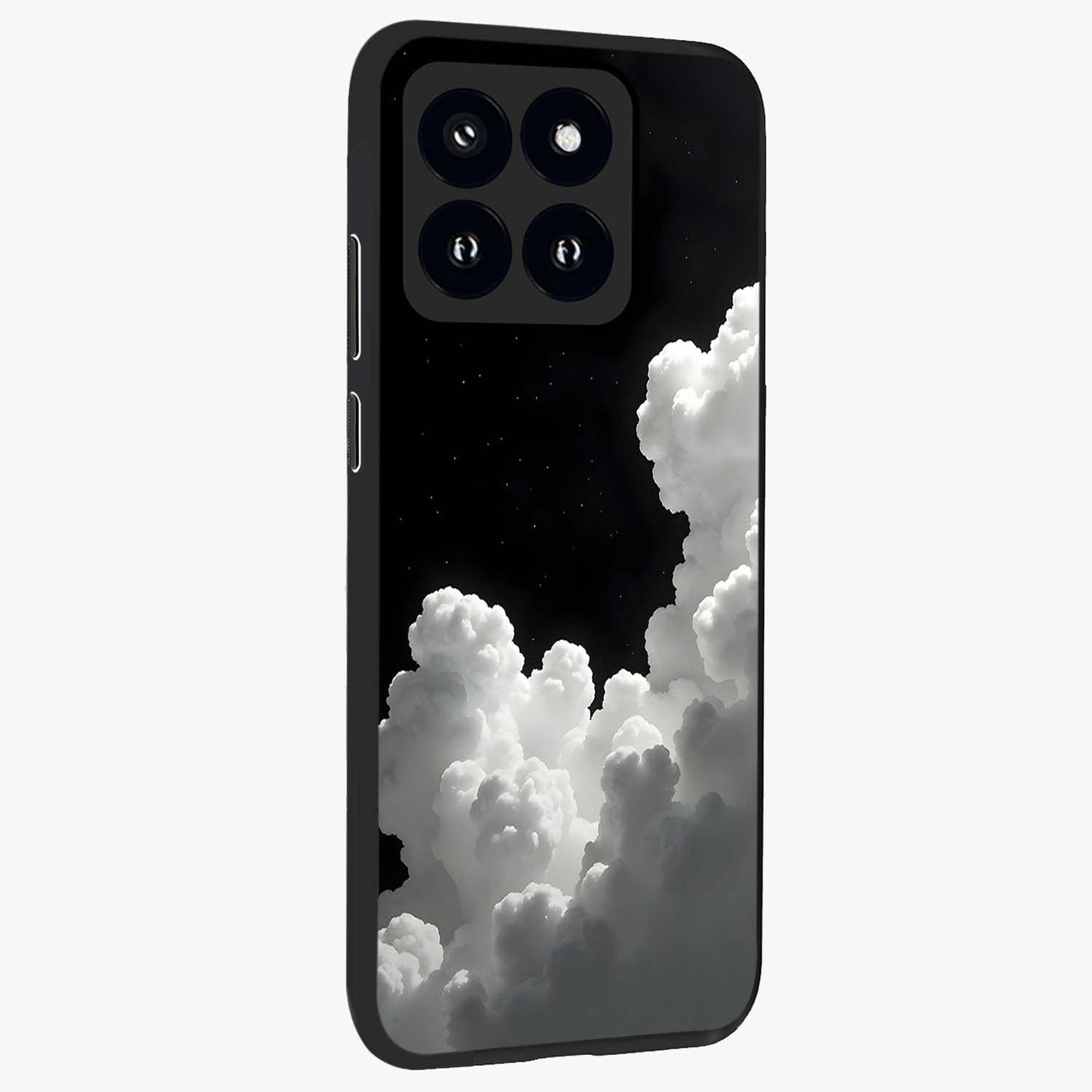 Black Background With White Cloud Glass Case upright view showcasing calm cloud aesthetic with modern minimal style.