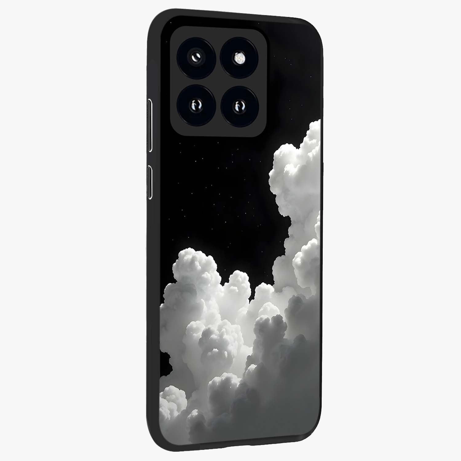 Black Background With White Cloud Glass Case upright view showcasing calm cloud aesthetic with modern minimal style.