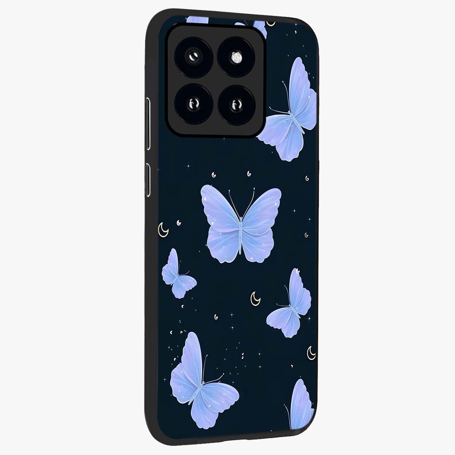 Butterfly With Stars Pattern Glass Case upright view showcasing celestial butterfly artwork with sparkling star elements.