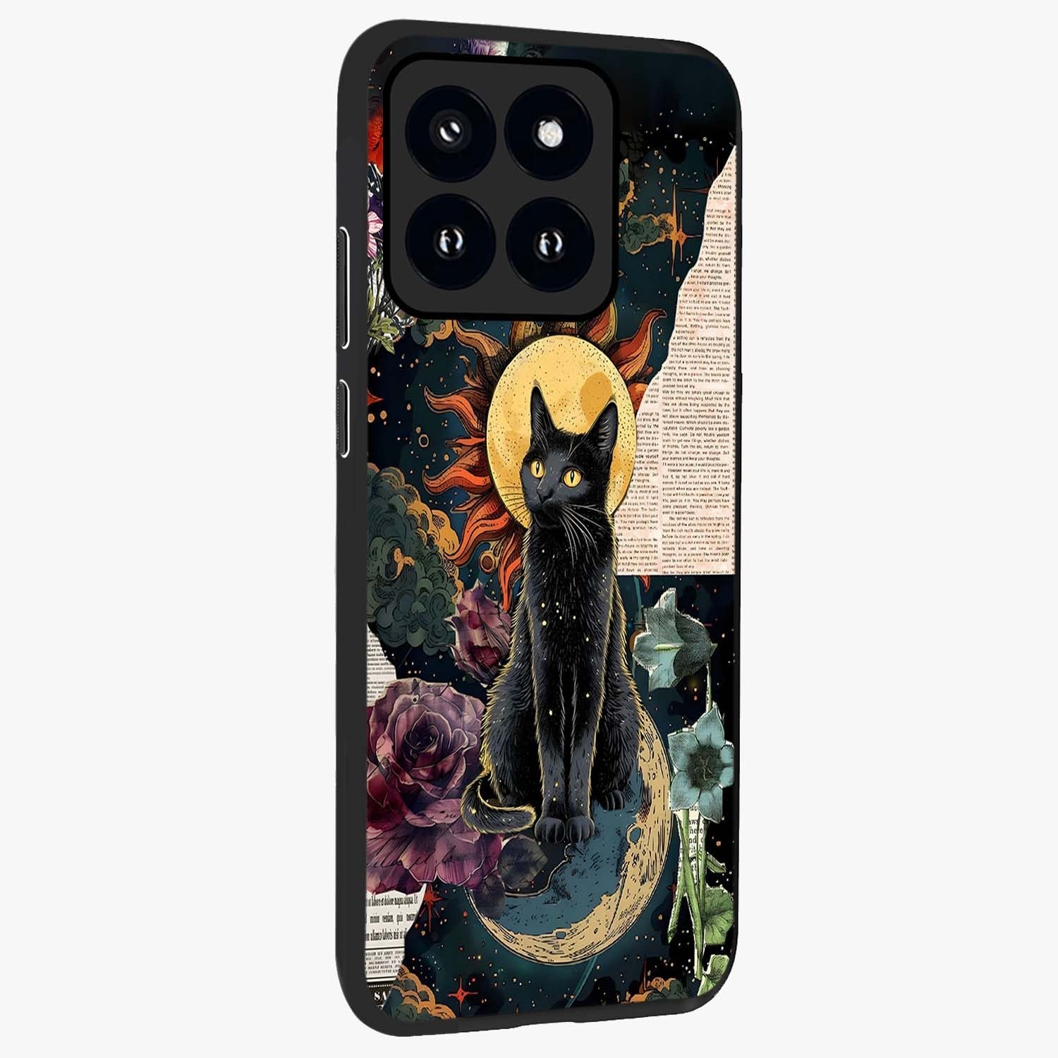 Celestial Black Cat Glass Case upright view showcasing magical black cat illustration with starry cosmic theme.