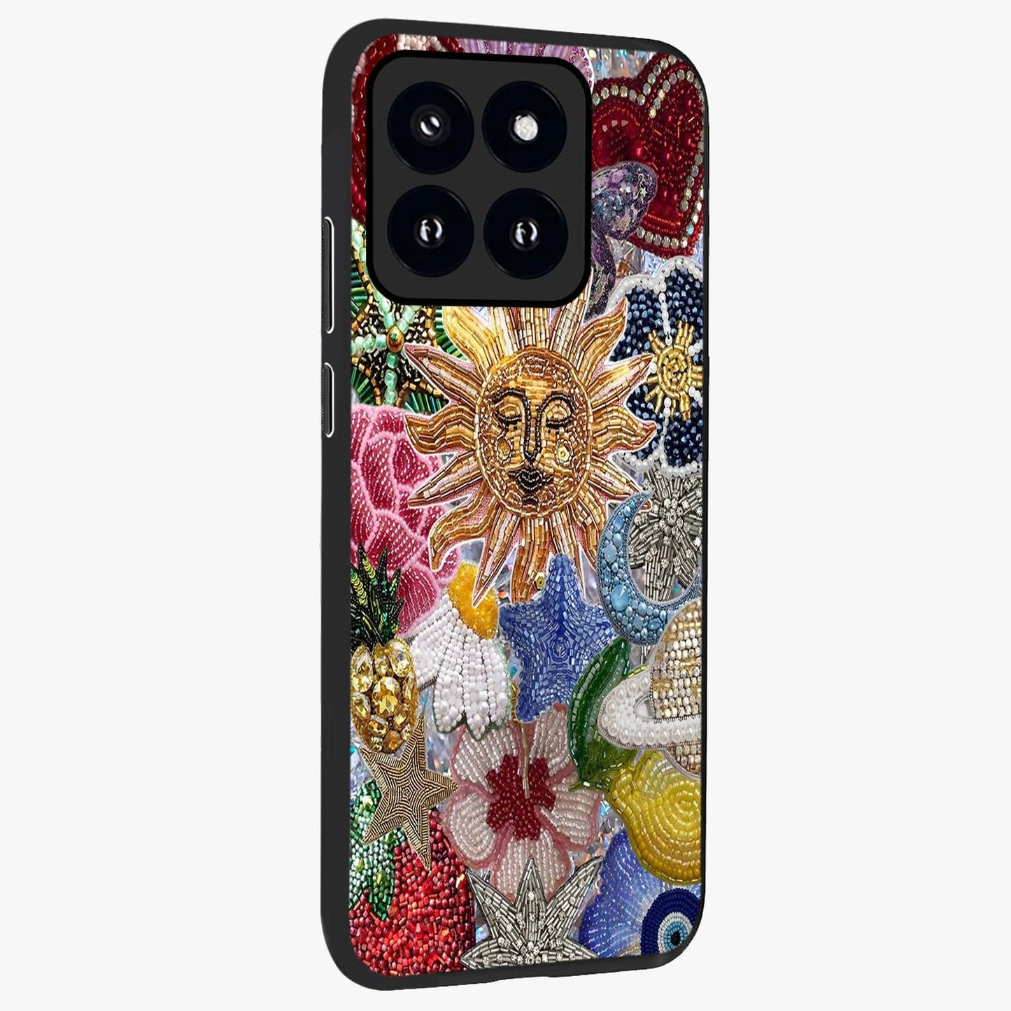 Celestial Floral and Playful Glass Case upright view showcasing whimsical floral artwork with cosmic aesthetic theme.