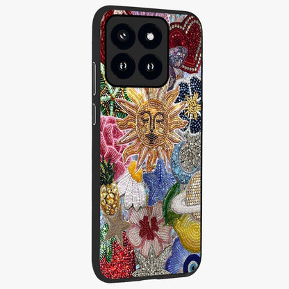 Celestial Floral and Playful Glass Case upright view showcasing whimsical floral artwork with cosmic aesthetic theme.
