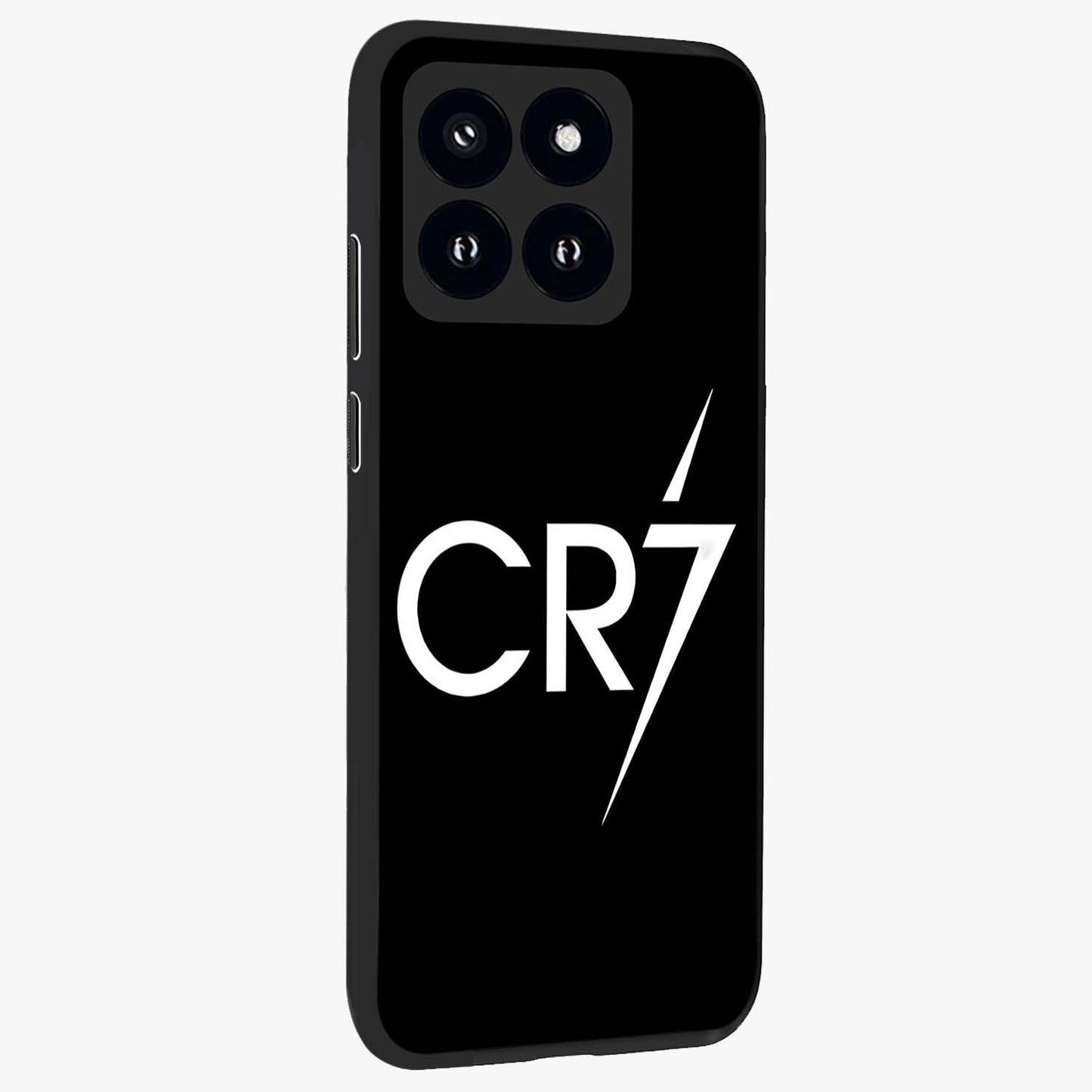 Cr7 Elite Strike Glass Case upright view showcasing energetic football inspired design with modern sports aesthetic.