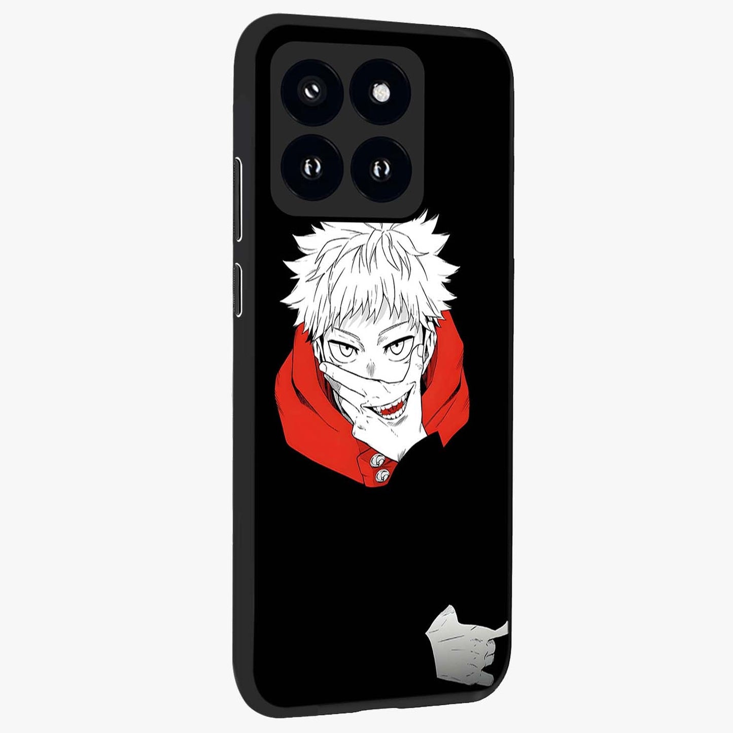 Crimson Chaos Smile Glass Case upright view showcasing expressive chaotic artwork with striking visual theme.
