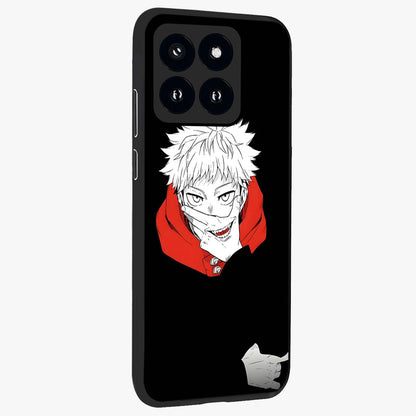 Crimson Chaos Smile Glass Case upright view showcasing expressive chaotic artwork with striking visual theme.