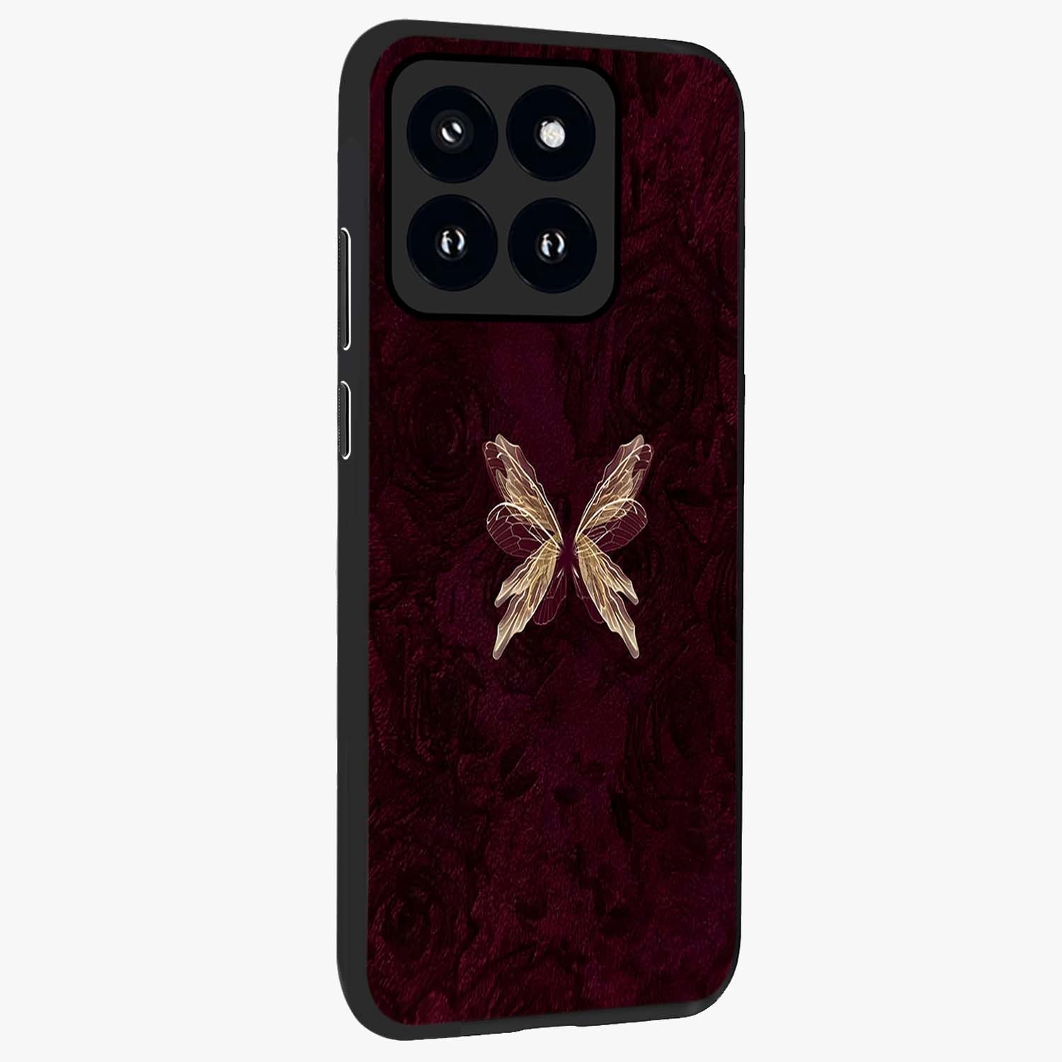 Crimson Fade Butterfly Glass Case upright view showcasing graceful butterfly artwork with soft crimson fade effect.