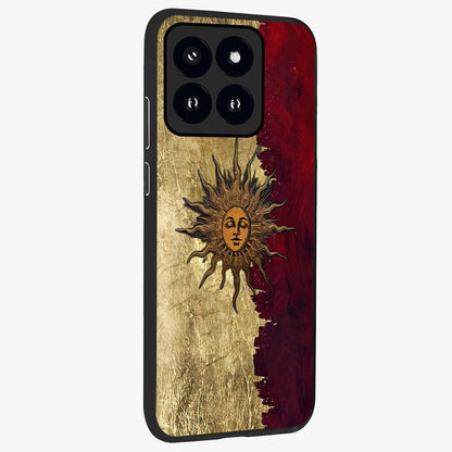 Crimson Sun Majesty Glass Case upright view showcasing vibrant sun artwork with powerful celestial theme.