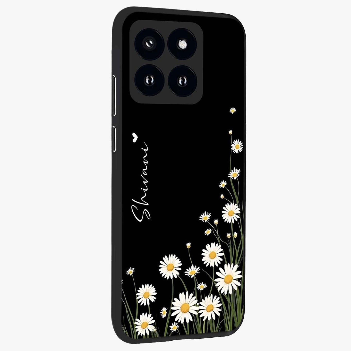 Daisy Cascade Custom Name Glass Case upright view showcasing elegant floral cascade design with personalized aesthetic.