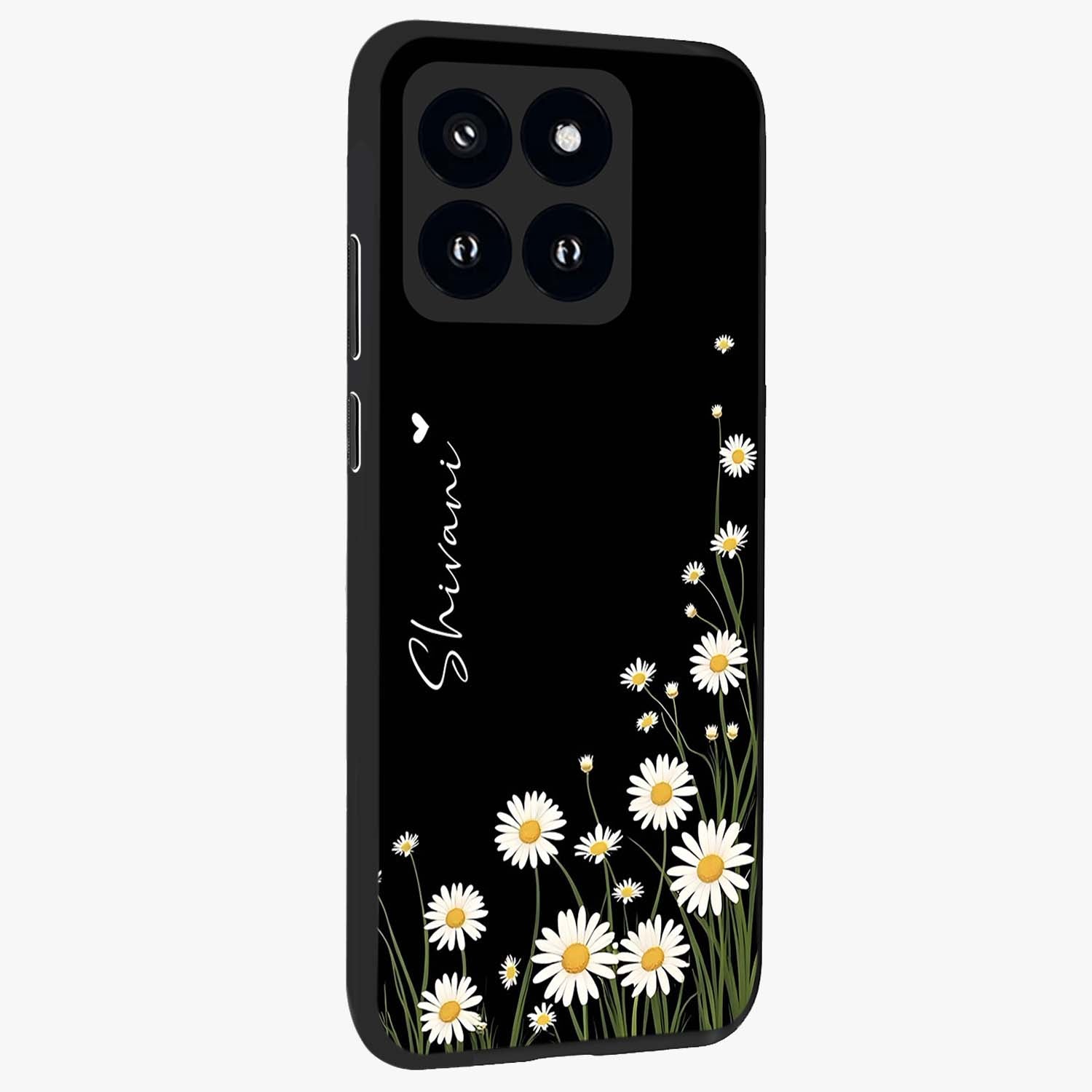 Daisy Cascade Custom Name Glass Case upright view showcasing elegant floral cascade design with personalized aesthetic.