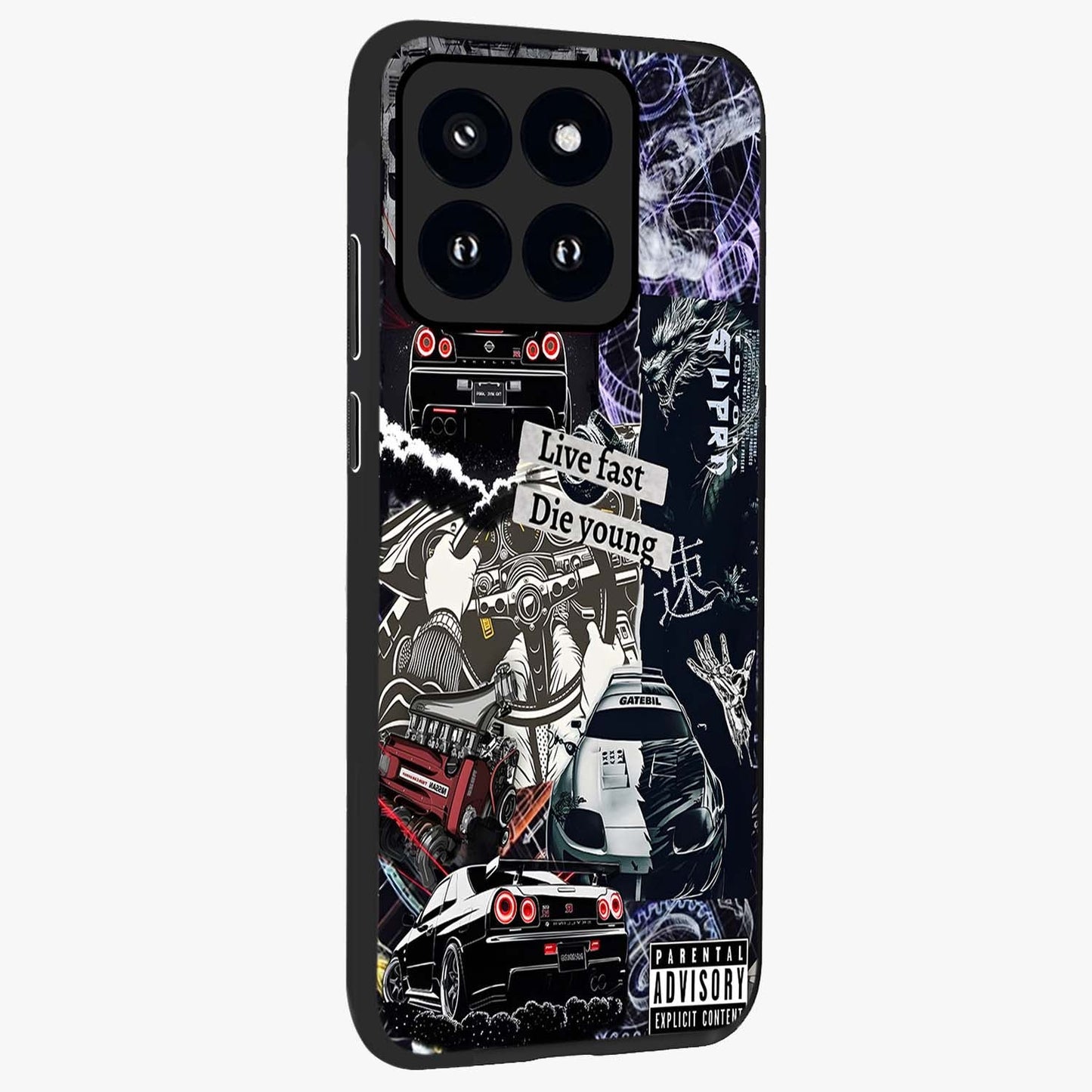 Die Young Glass Case upright view showcasing striking typography artwork with modern statement theme.