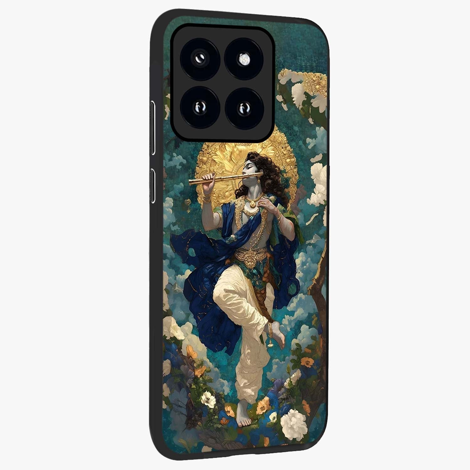Divine Krishna Art Glass Case upright view showcasing divine Krishna artwork with sacred artistic theme.