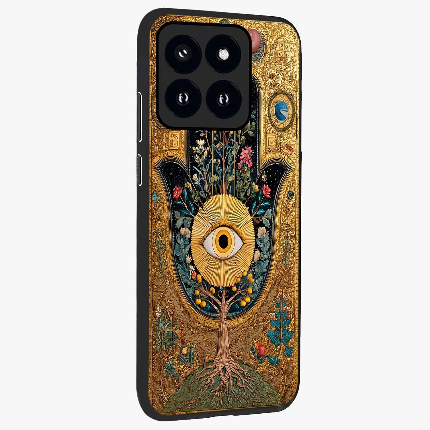 Ethereal Evil Eye Glass Case upright view showcasing celestial evil eye artwork with mystical theme.