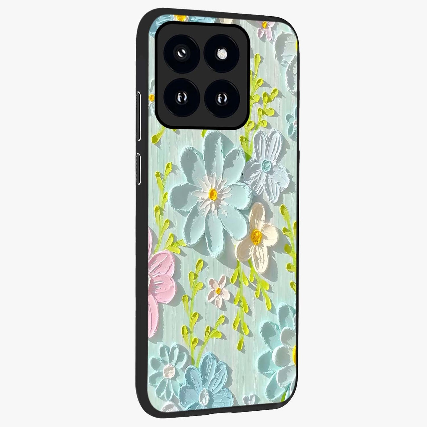 Frosted Petal Garden Glass Case upright view showcasing elegant floral garden artwork with soothing pastel theme.