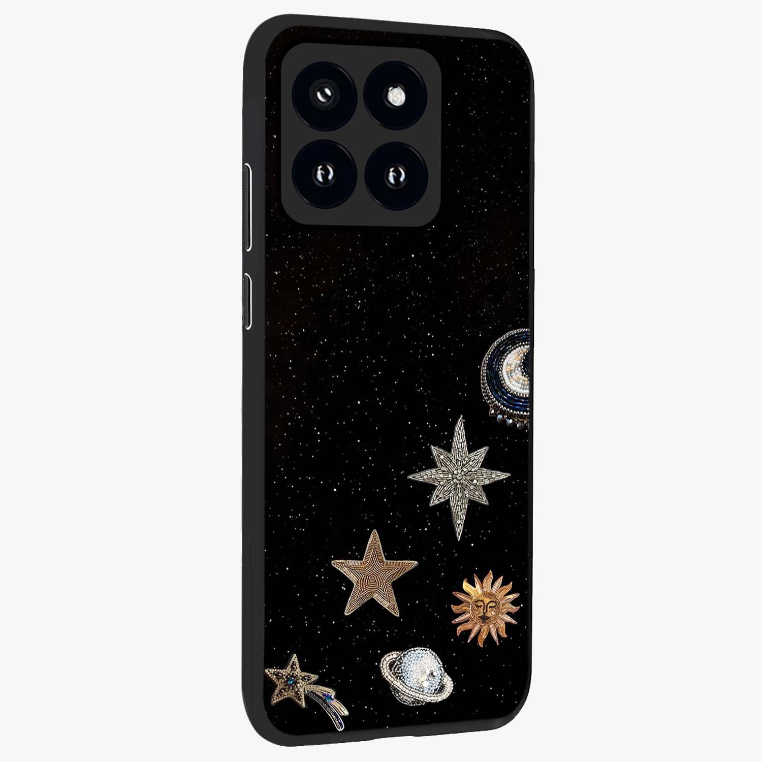 Galactic Charm Glow Glass Case upright view showcasing glowing cosmic charm artwork with magical celestial style.