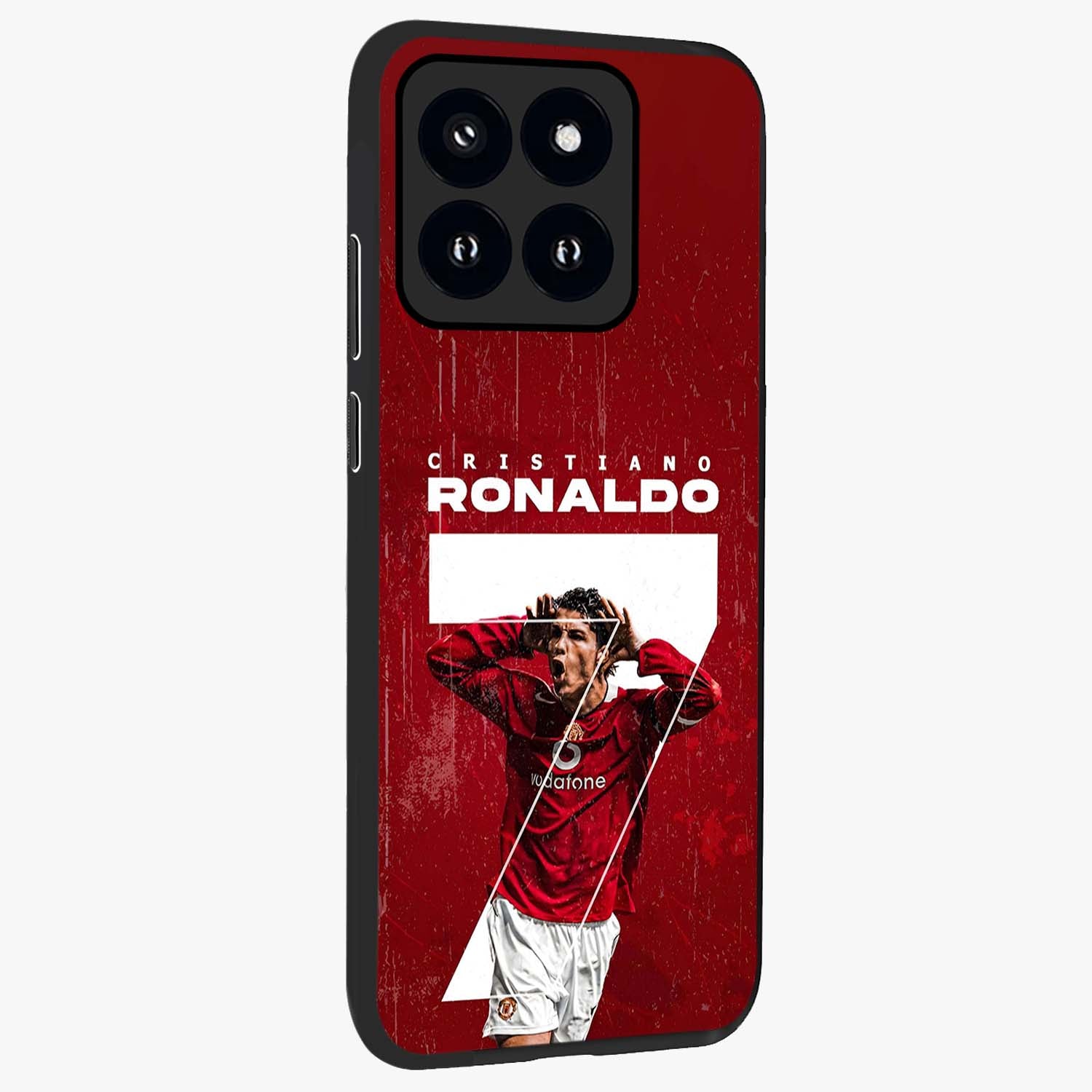 Goal Celebration Legacy Glass Case upright view showcasing dynamic football inspired artwork with victory celebration aesthetic.