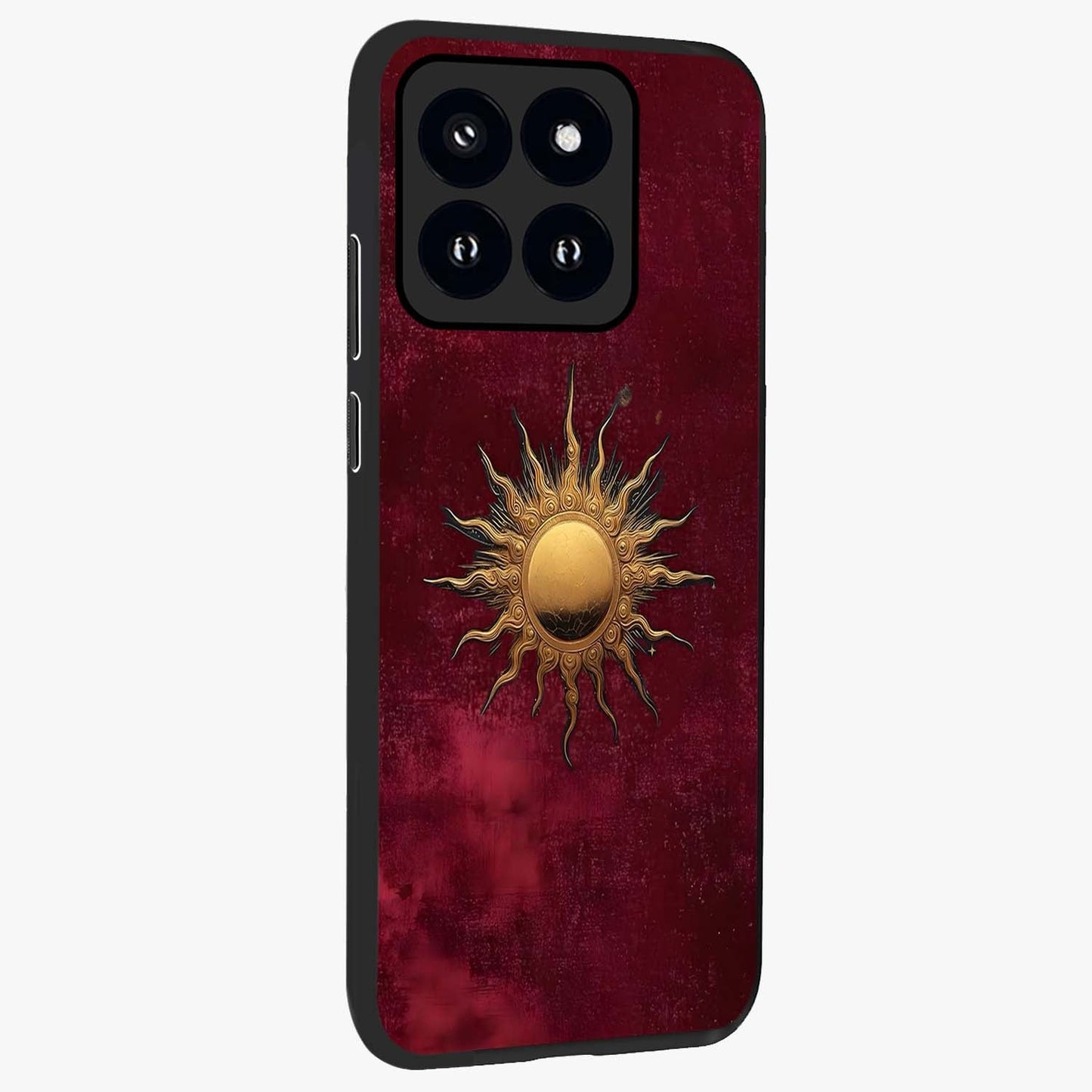 Golden Sun Minimalism Glass Case upright view showcasing simple golden sun artwork with elegant minimalist style.