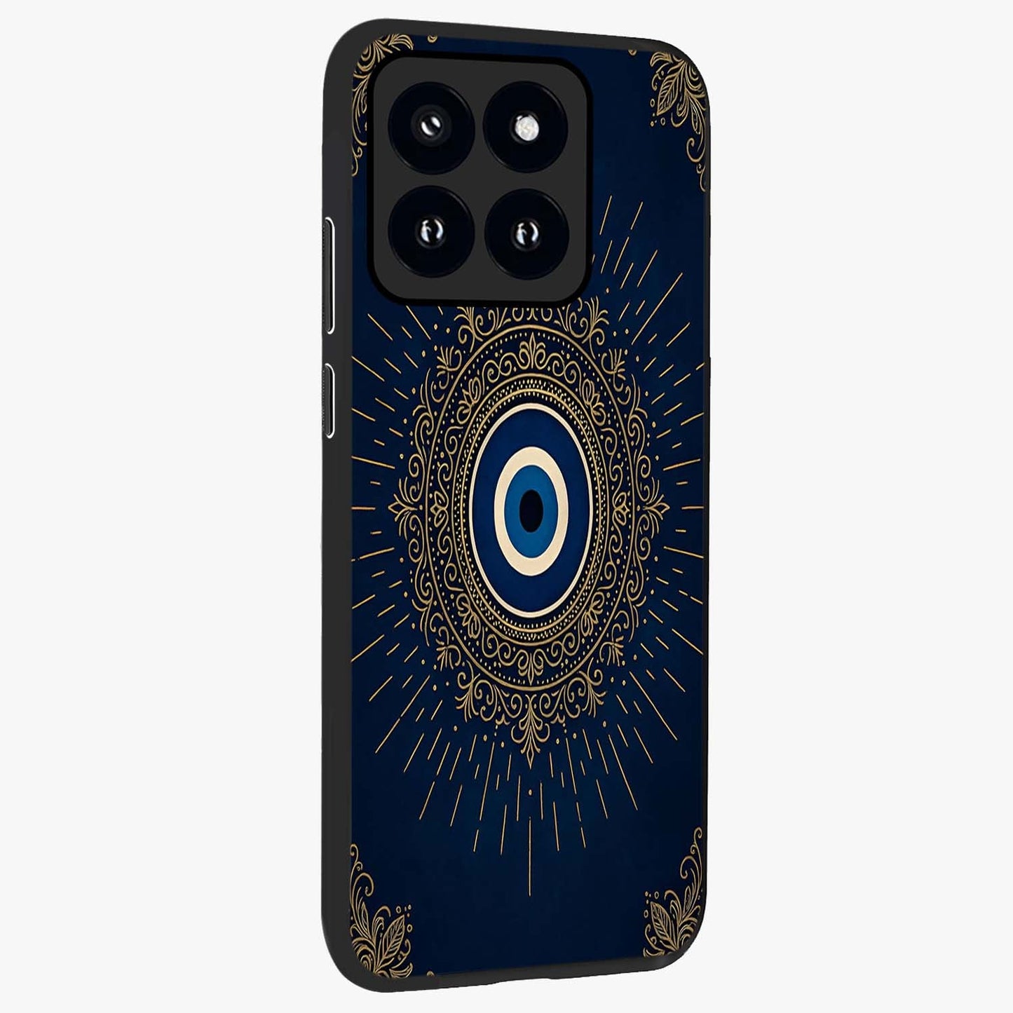 Golden Celestial Charm Glass Case upright view showcasing radiant celestial artwork with elegant golden theme.