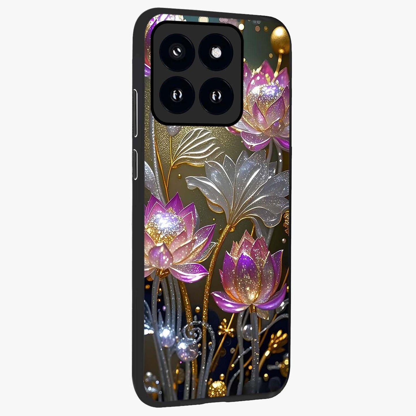 Golden Floral Majesty Glass Case upright view showcasing majestic floral artwork with rich decorative theme.