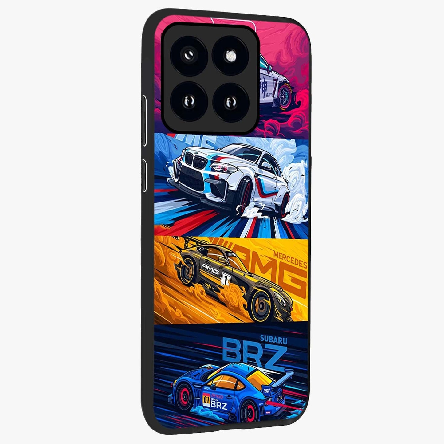 JDM Sports Car Glass Case upright view showcasing dynamic sports car artwork with bold racing theme.