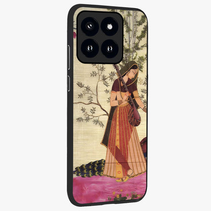 Lady With Veena Art Glass Case upright view showcasing classical veena artwork with traditional artistic theme.