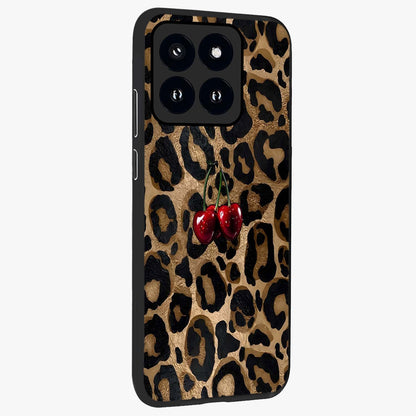 Leopard Wild Cherry Glass Case upright view showcasing stylish leopard pattern artwork with trendy fashion theme.