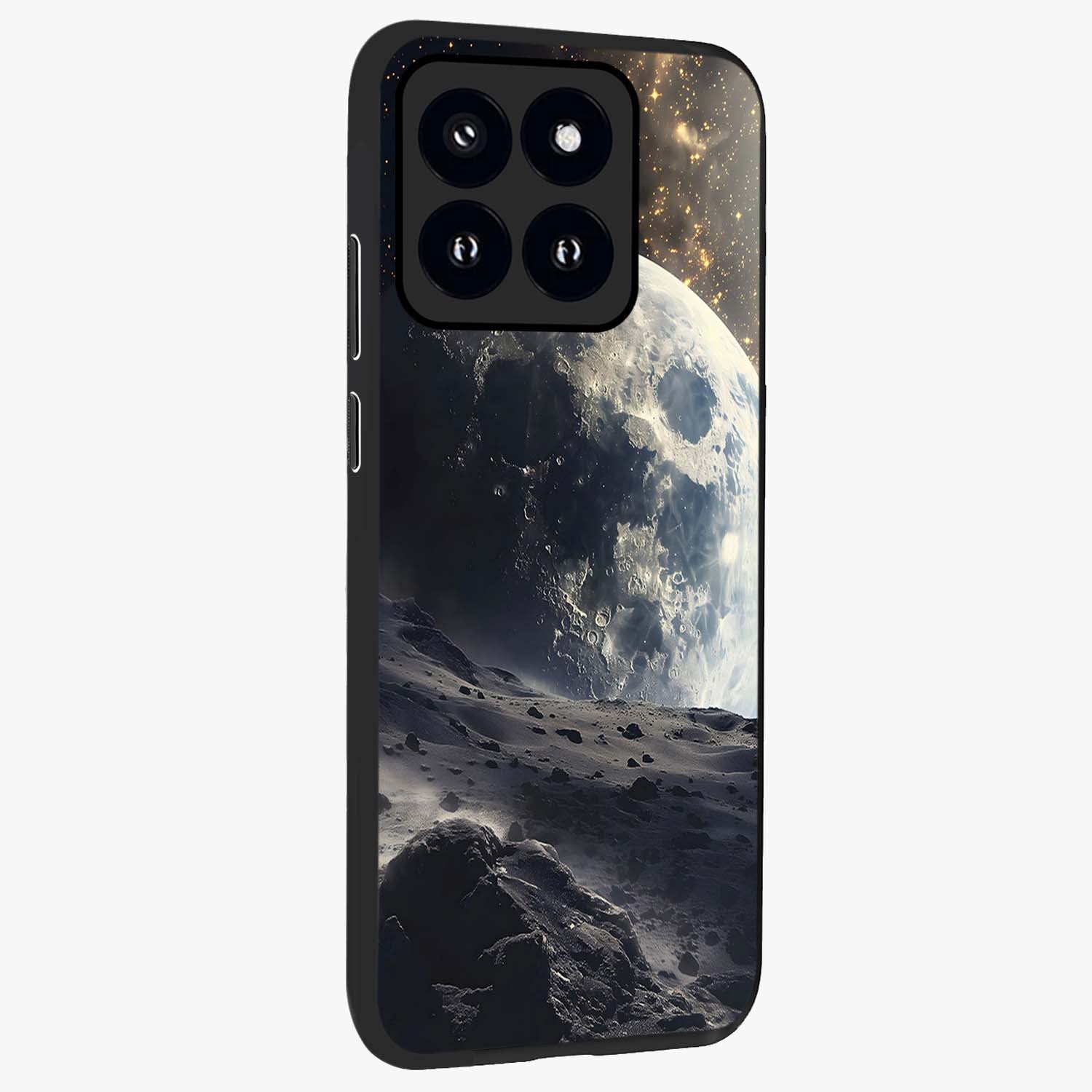 Lunar Horizon Glow Glass Case upright view showcasing radiant lunar artwork with calm cosmic theme.