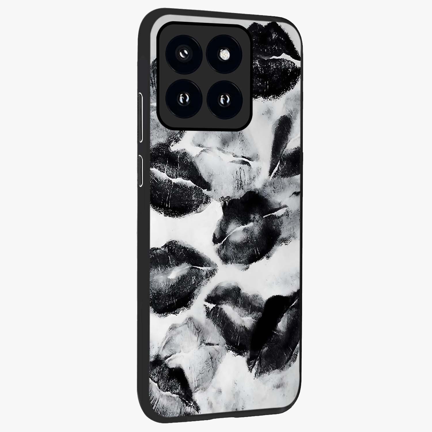 Midnight Kiss Marks Glass Case upright view showcasing stylish kiss mark artwork with trendy romantic theme.